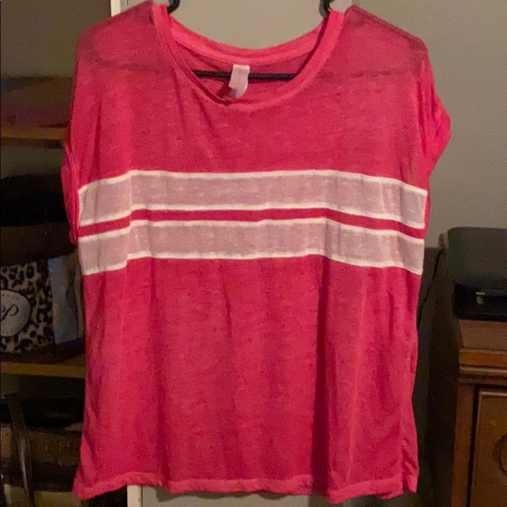 Pink short sleeve top with two white stripes